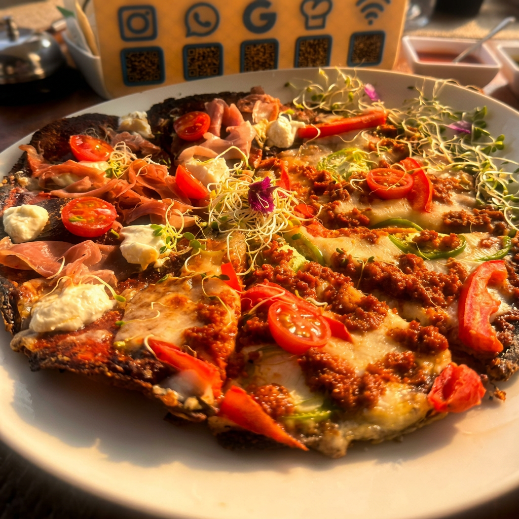 Pizza keto artesanal con prosciutto y vegetales